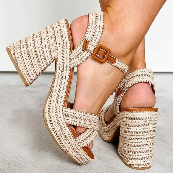 New Tan Raffia Espadrille Chunky Block Heel Platform Sandal Open Toe Ankle Strap - Picture 4 of 9